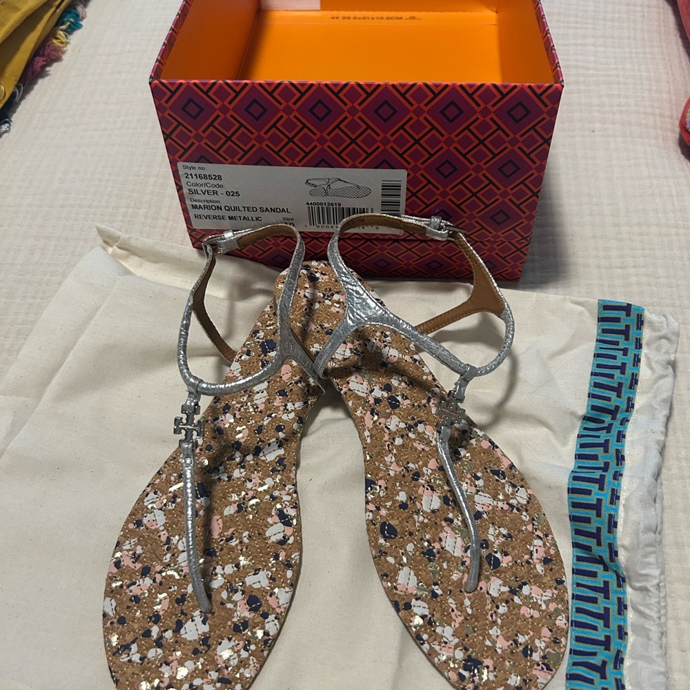 Tory Burch Silver ‘Marion’ Quilted Metallic Sandals